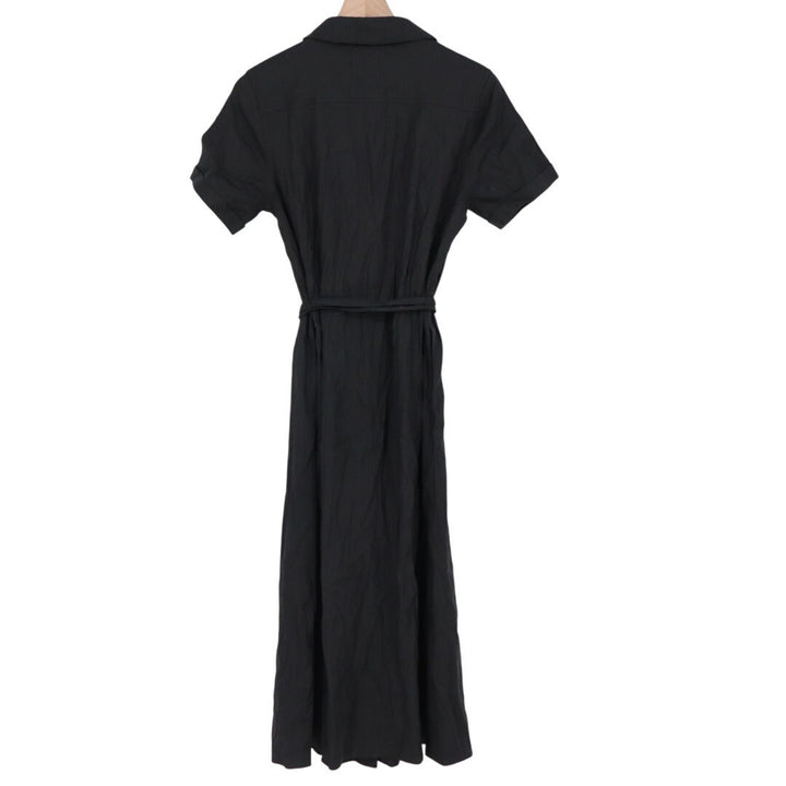 American Giant Black Linen Blend Button Front Belted Shirt Dress S
