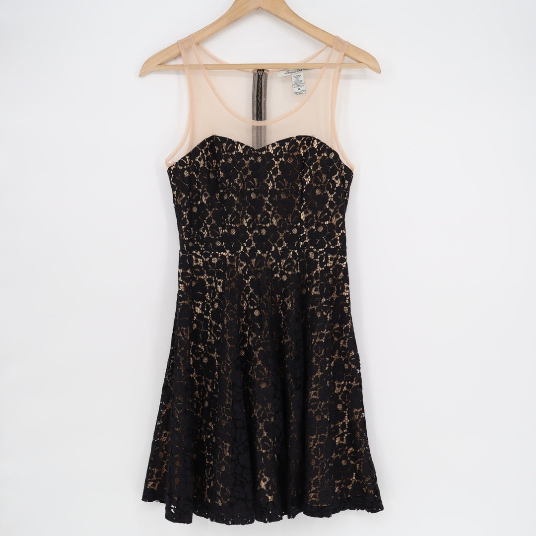 American Rag Womens Black Lace Fit Flare Dress Mesh Yoke Size M DVB994