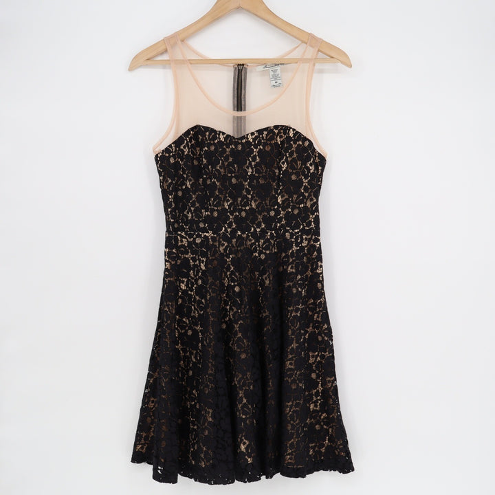 American Rag Womens Black Lace Fit Flare Dress Mesh Yoke Size M DVB994