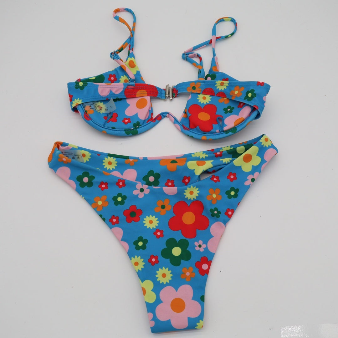 2 Piece Triangle Bikini Set Womens Small Blue Floral Stretch Spaghetti Straps