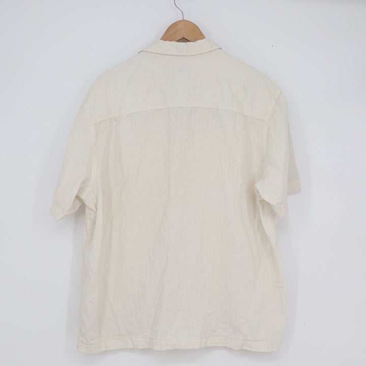 HM Mens Relaxed Fit Linen Cotton Blend Short Sleeve Button Up Shirt Cream Large