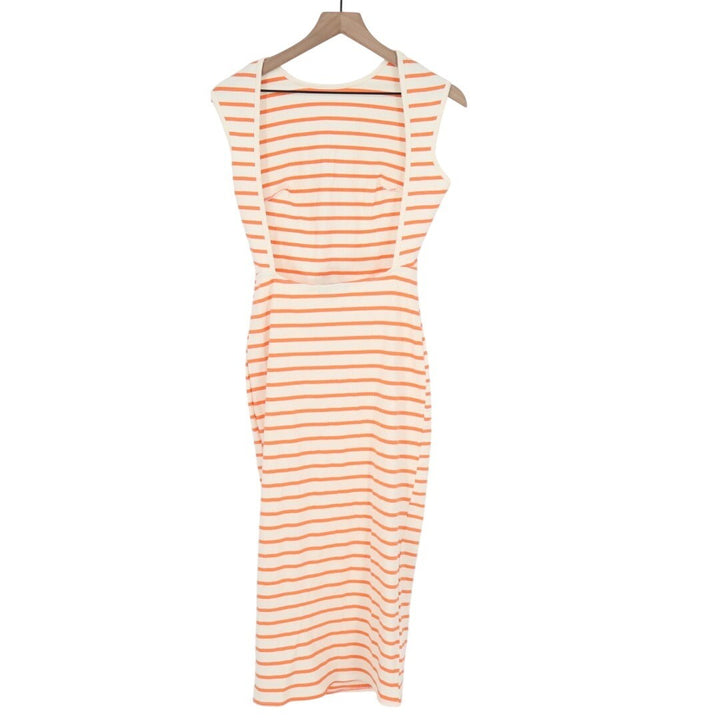 Lulus Chic Existence Midi Dress Womens M Ivory Orange Striped Ribbed Backless