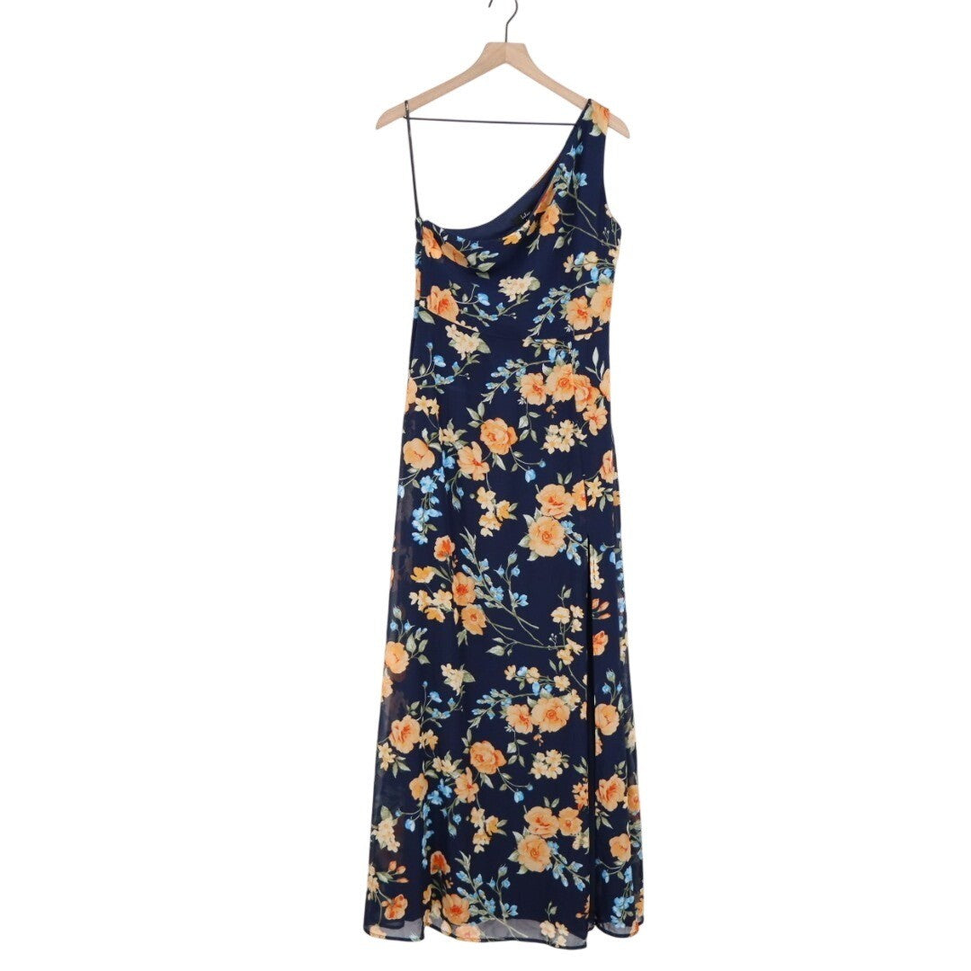 Lulus Elegant Admiration Maxi Dress Womens L Blue Floral One-Shoulder Front Slit