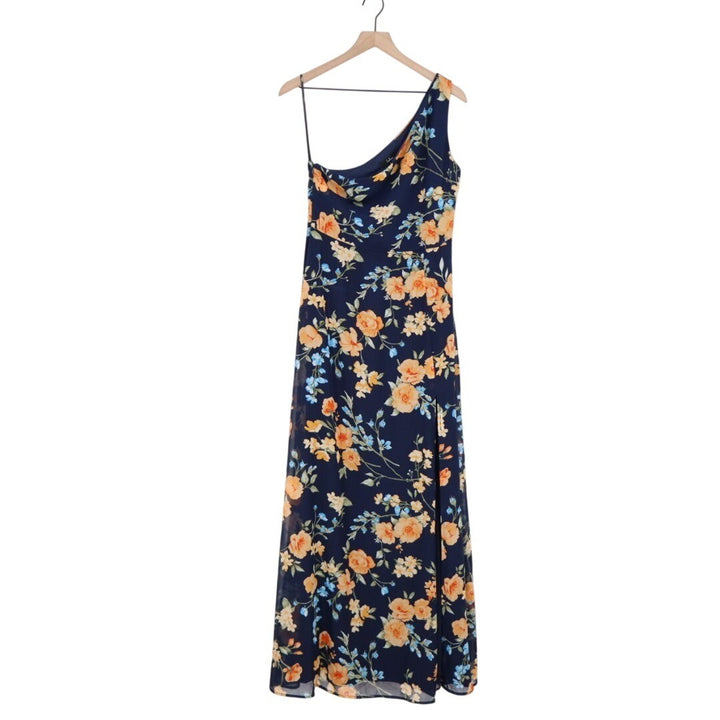 Lulus Elegant Admiration Maxi Dress Womens L Blue Floral One-Shoulder Front Slit