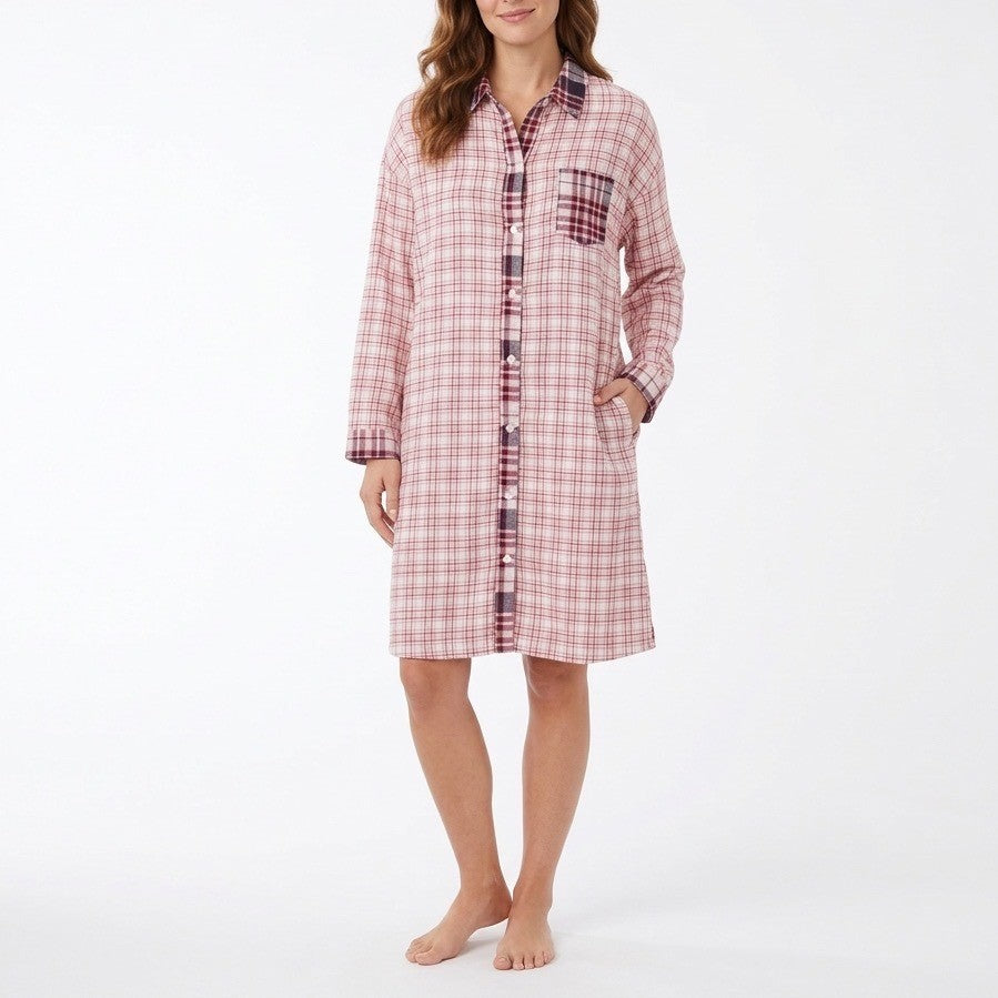 Roudelain Flannel Sleep Shirts Womens L Pink Pleated Spread Collar Long Sleeve