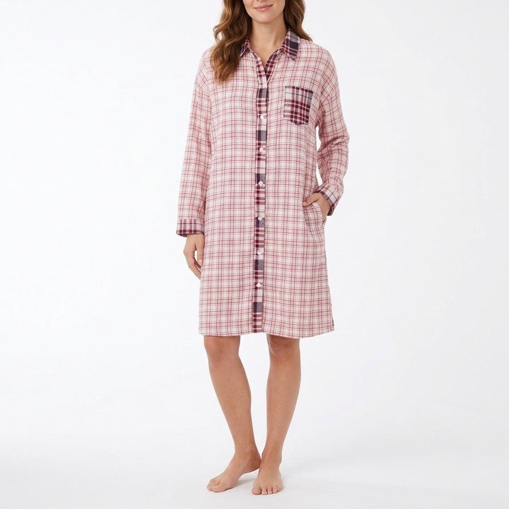 Roudelain Flannel Sleep Shirts Womens L Pink Pleated Spread Collar Long Sleeve
