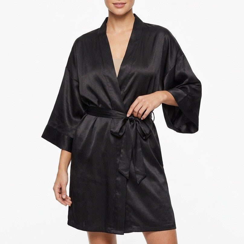 Linea Donatella Wrap Robe Lingerie Womens L/XL Black Satin 3/4 Sleeve Sleepwear