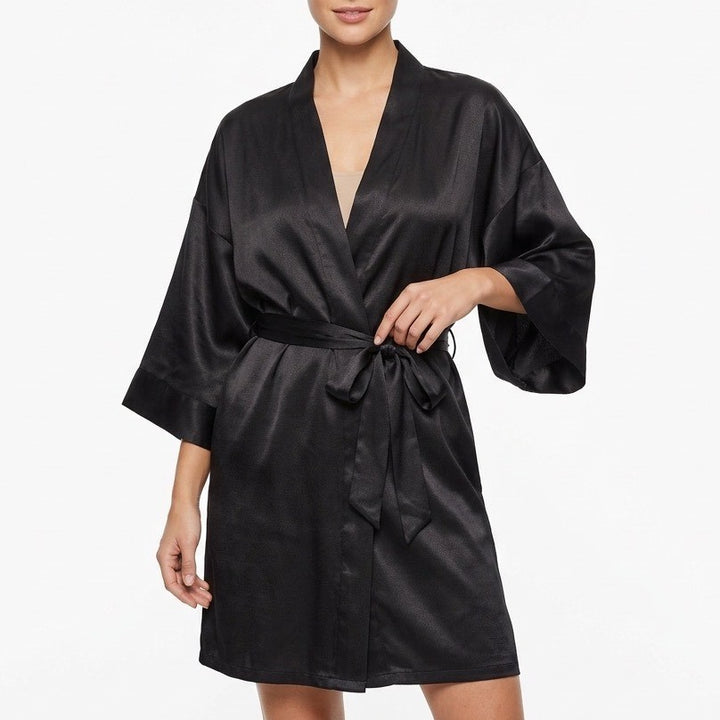 Linea Donatella Wrap Robe Lingerie Womens L/XL Black Satin 3/4 Sleeve Sleepwear
