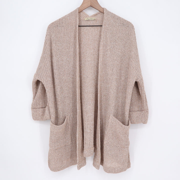 Final Touch Cardigan Sweater Womens Medium Beige Stretch Open Knit front Pockets