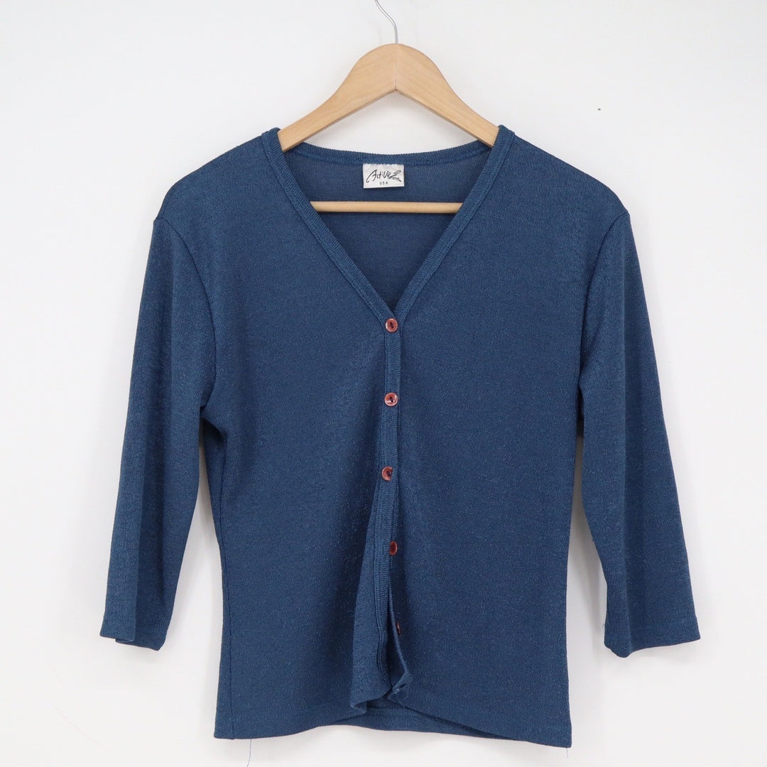 Active USA Womens XL Blue Knit V-Neck Button Front Cardigan 3/4 Sleeve Top
