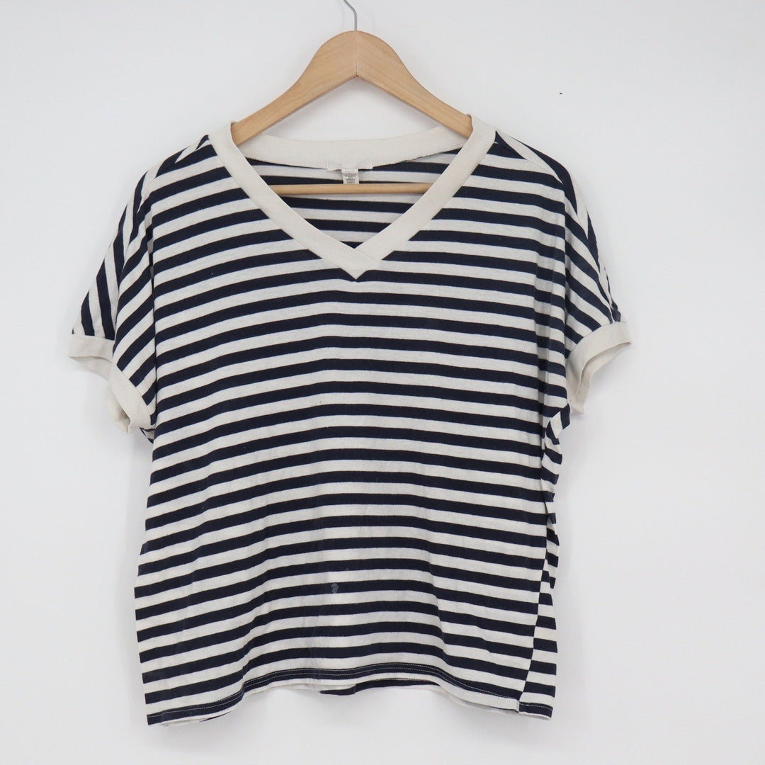 BP Nordstrom Womens Striped V-Neck T-Shirt Navy Blue Cream Size L