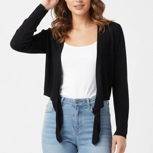 Fashion Bug Cardigan Sweater Womens Medium Black Knit Tie Front Crop Long Sleeve
