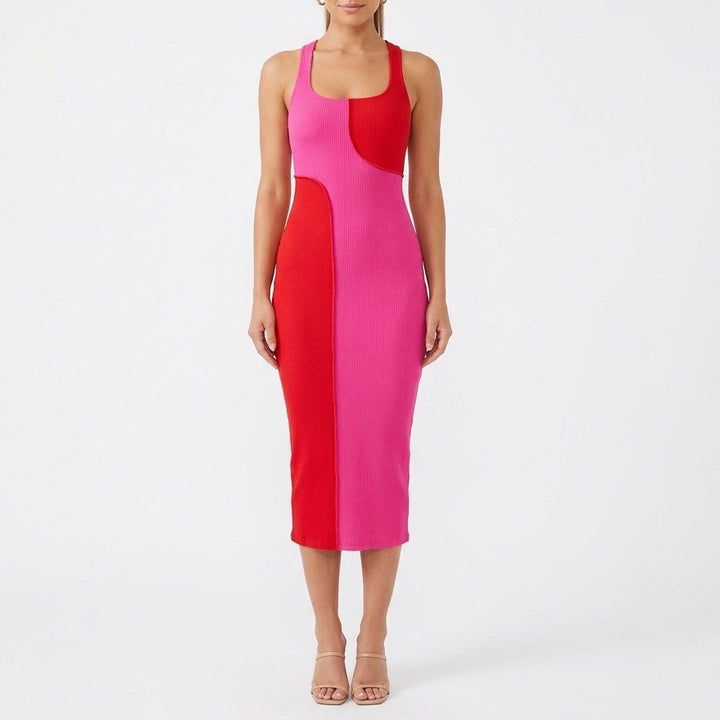 Naked Wardrobe Pink Red Colorblock Ribbed Midi Dress XS Sleeveless