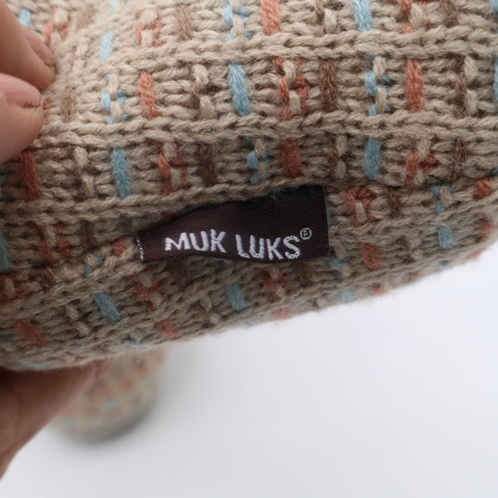 Muk Luks Womens Knit Slipper Boots Faux Fur Lined Beige Blue Coral Size Small