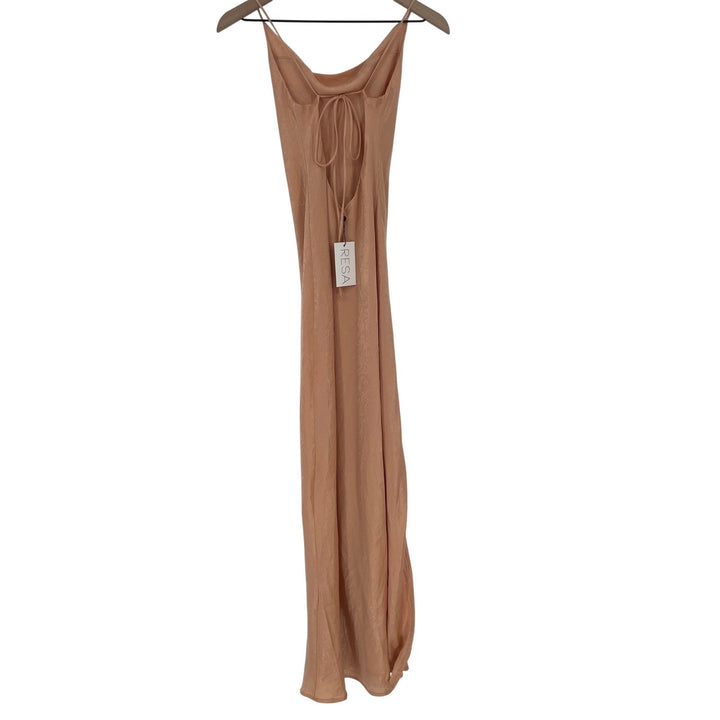 ASSENZA Satin Slip Dress Peach Cowl Neck Spaghetti Strap Tie Back Maxi