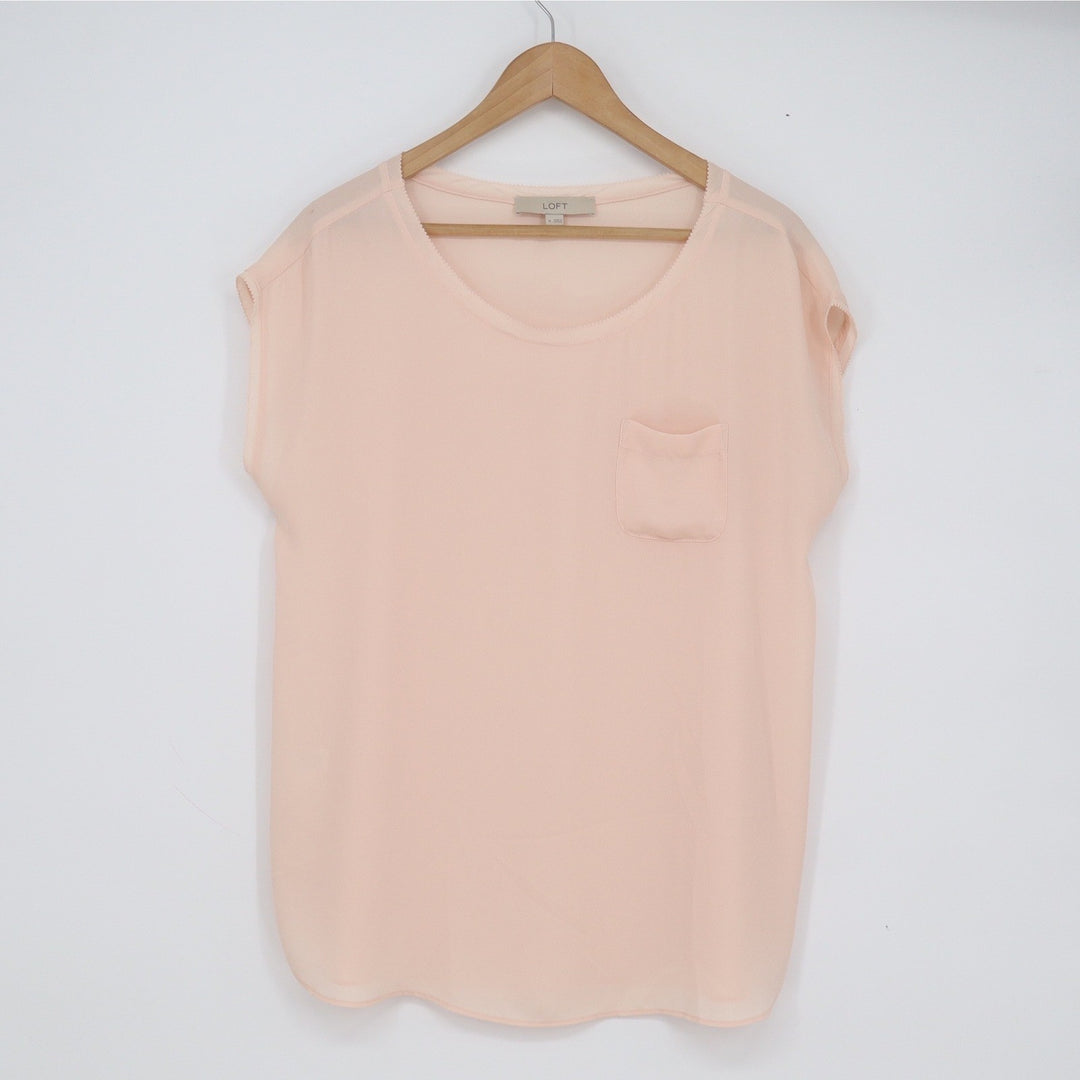 Ann Taylor LOFT Peach Short Sleeve Scallop Trim Pocket Blouse Womens Medium M