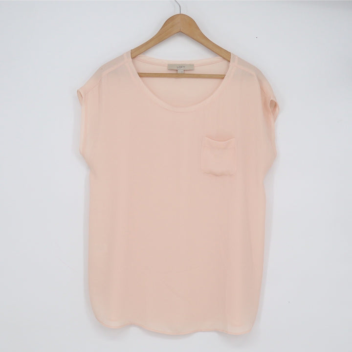 Ann Taylor LOFT Peach Short Sleeve Scallop Trim Pocket Blouse Womens Medium M