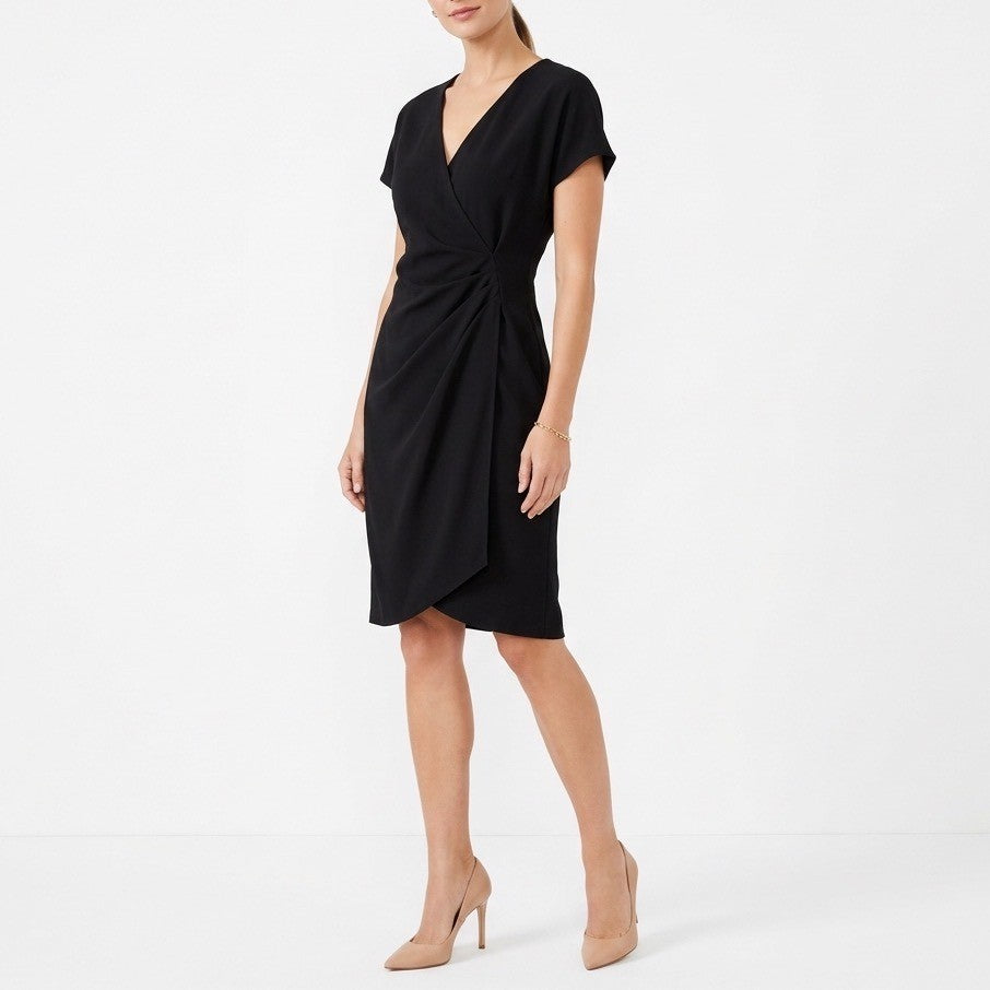 Linda Allard For Ellen Tracy Midi Dress Womens 6 Black Pleated V-Neck Pullover