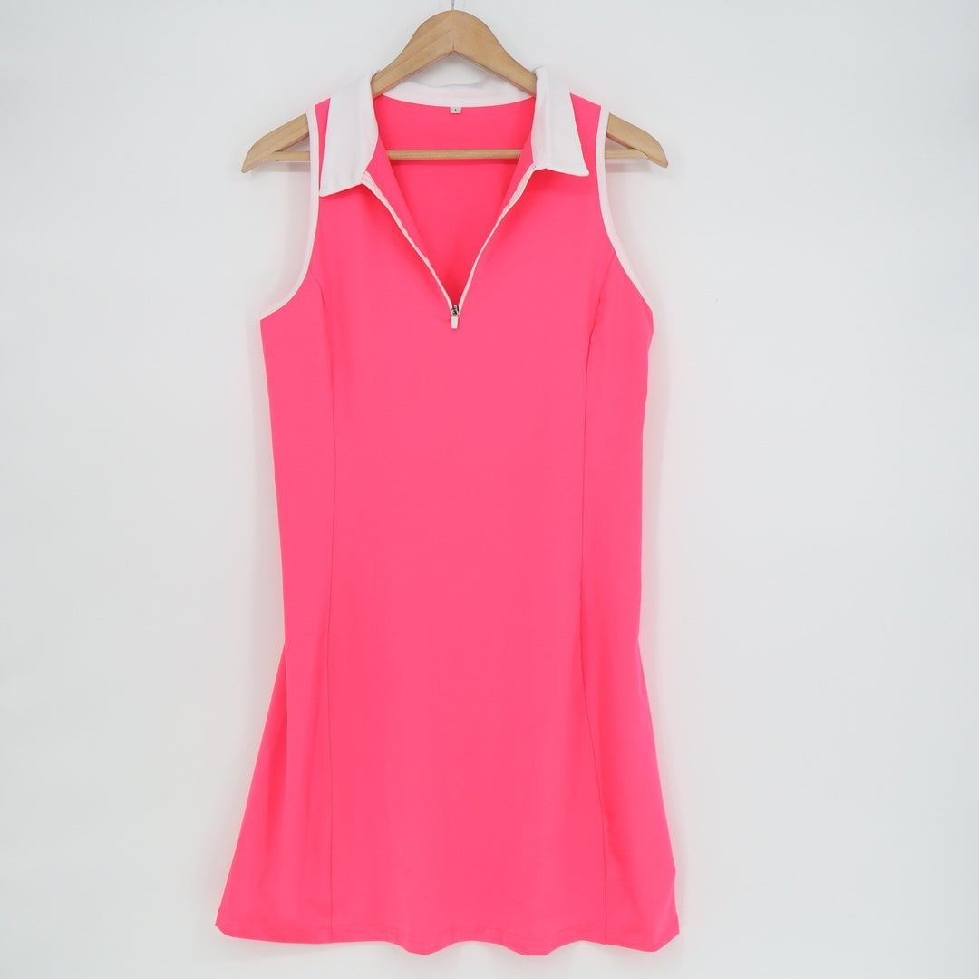 Neon Pink Quarter Zip Sleeveless Tennis Golf Dress White Polo Collar Large