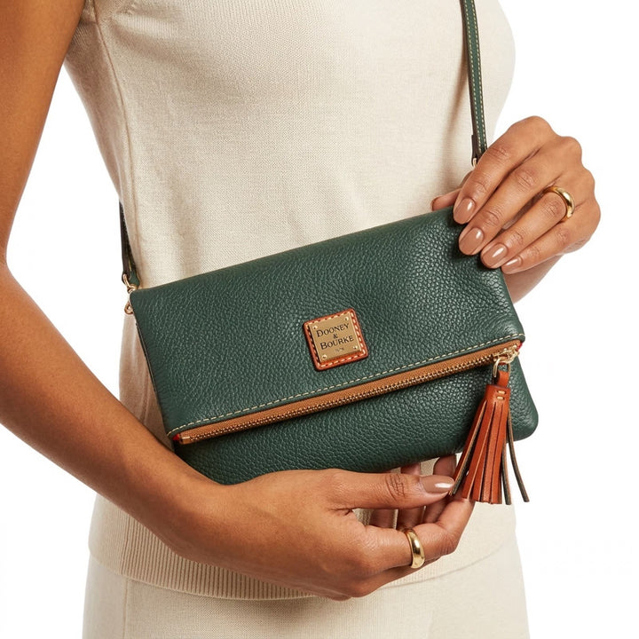 Dooney & Bourke Forest Green Pebbled Leather Foldover Crossbody Bag NEW