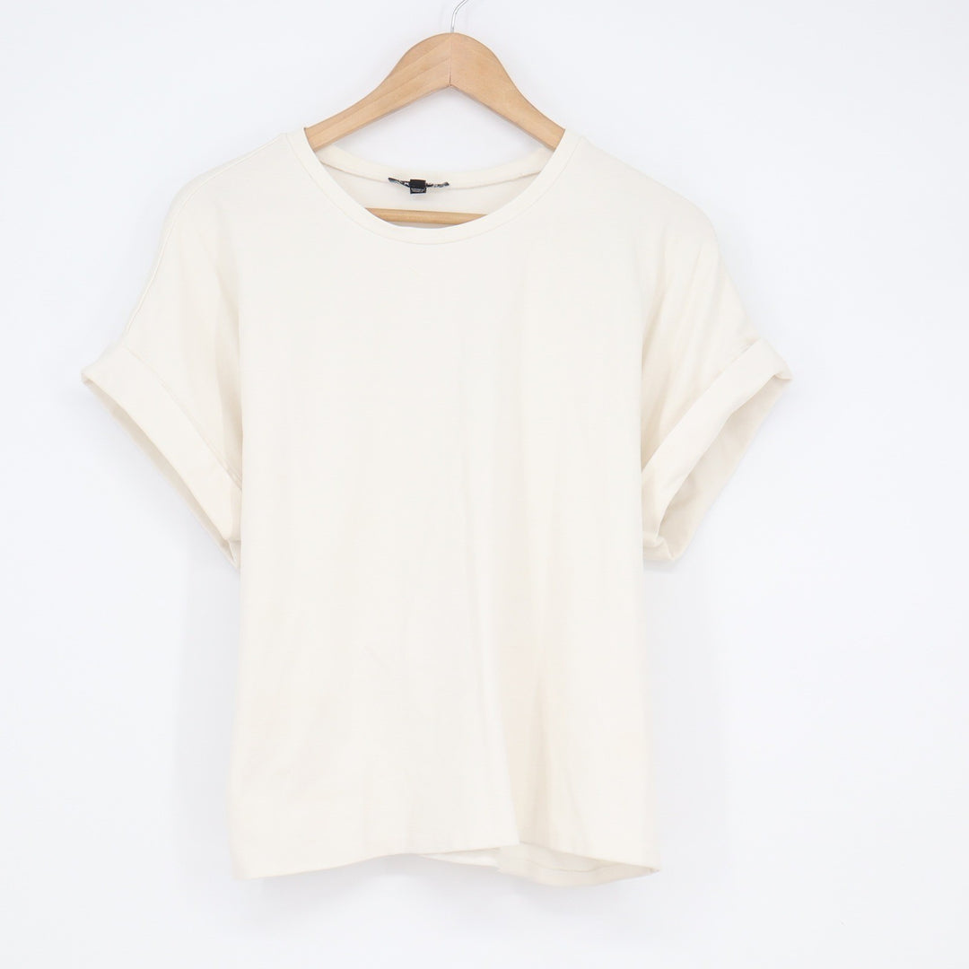 Express Womens Medium Cream Short Sleeve Cuffed Tie Back Knit T-Shirt Top
