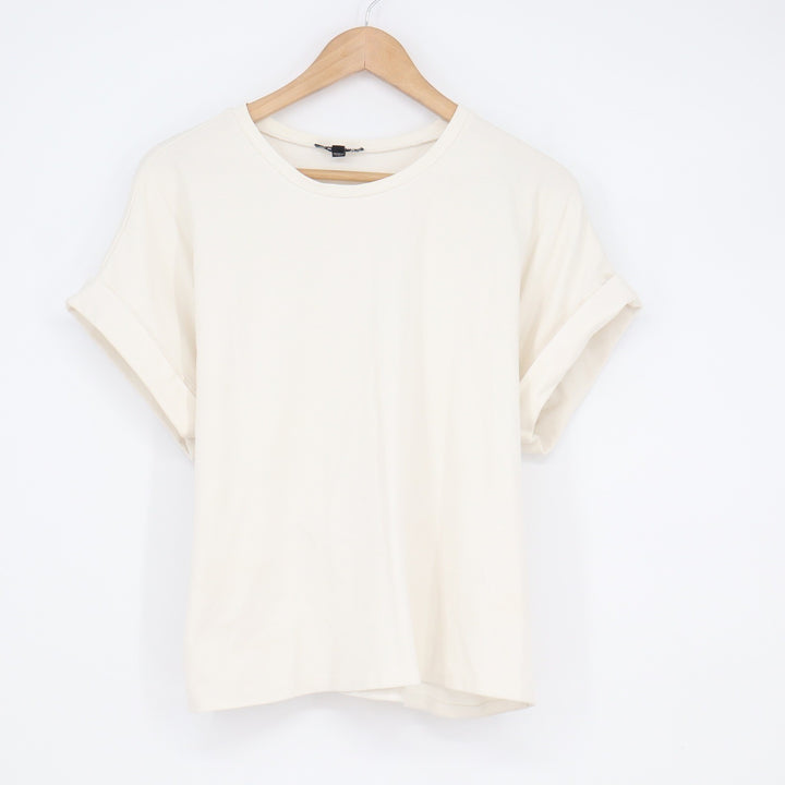 Express Womens Medium Cream Short Sleeve Cuffed Tie Back Knit T-Shirt Top