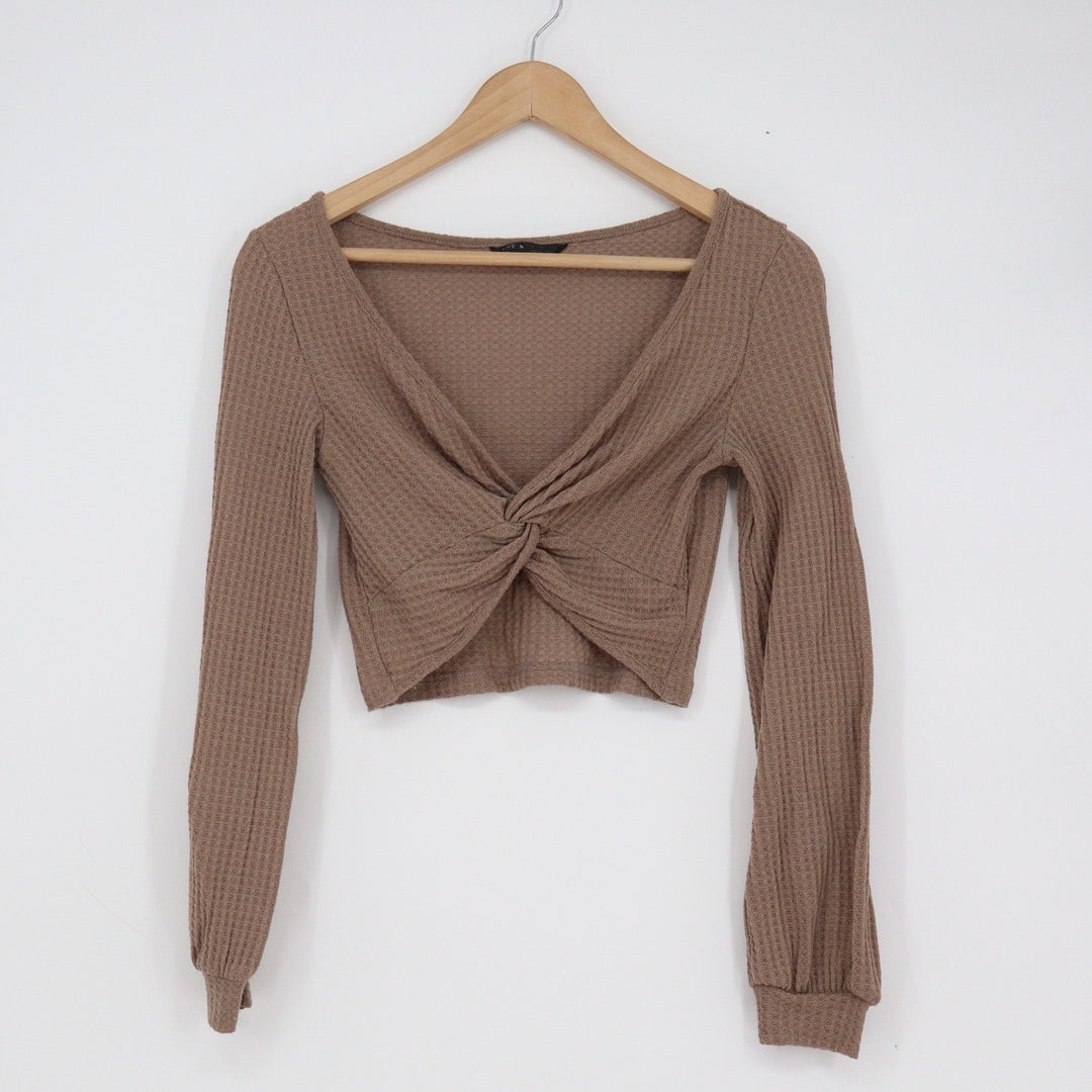 SHEIN Brown Waffle Knit Twist Front Long Sleeve V-Neck Crop Top Size S