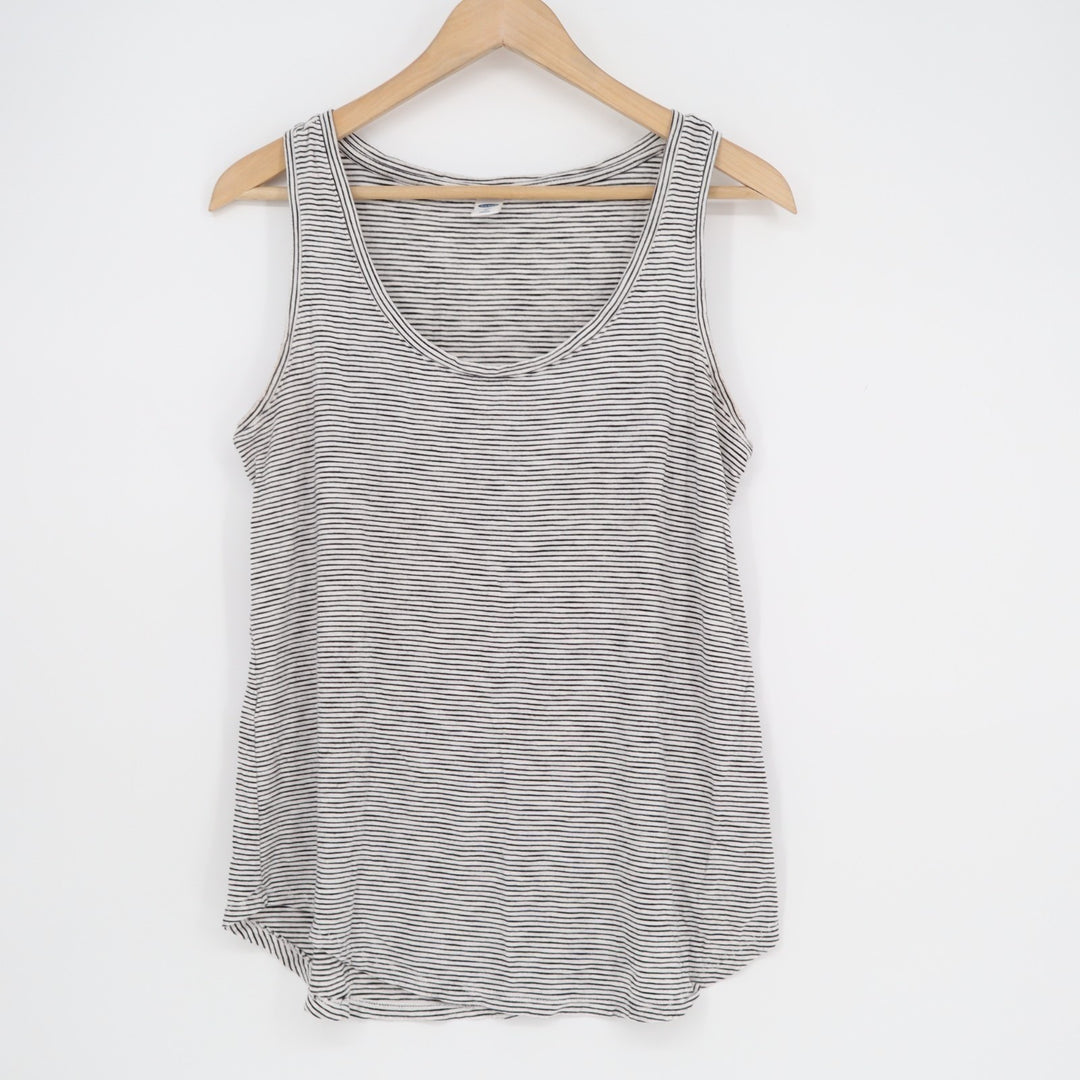 Old Navy Luxe Tank Top Womens Medium White Blue Striped Scoop Neck Pullover