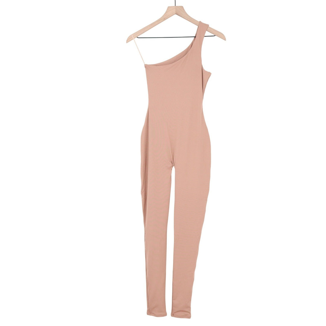 Naked Wardrobe One Shoulder Ribbed Jumpsuit Coco Brown Womens Medium