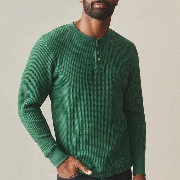 American Giant T-Shirt Men M Hunter Green Cotton Stretch Waffle Knit Henley Neck