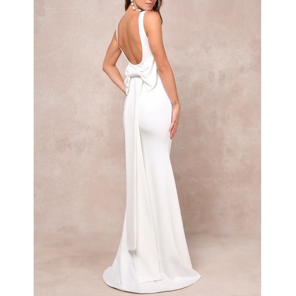 Lulus Loving Fate Maxi Dress Women Medium White Stretch Bow Square Neck Backless