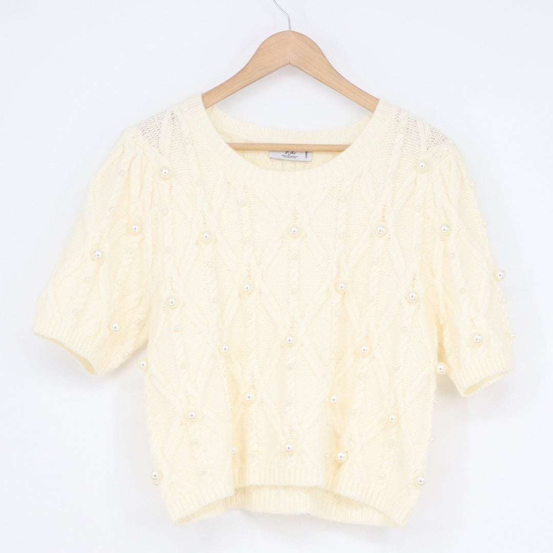 Stile Collection Ivory Faux Pearl Cable Knit Short Sleeve Sweater Large