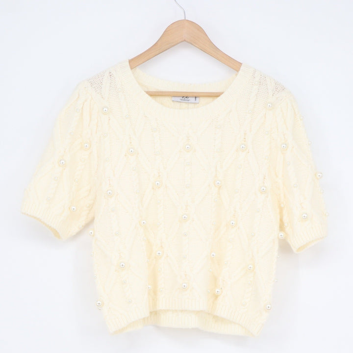 Stile Collection Ivory Faux Pearl Cable Knit Short Sleeve Sweater Large