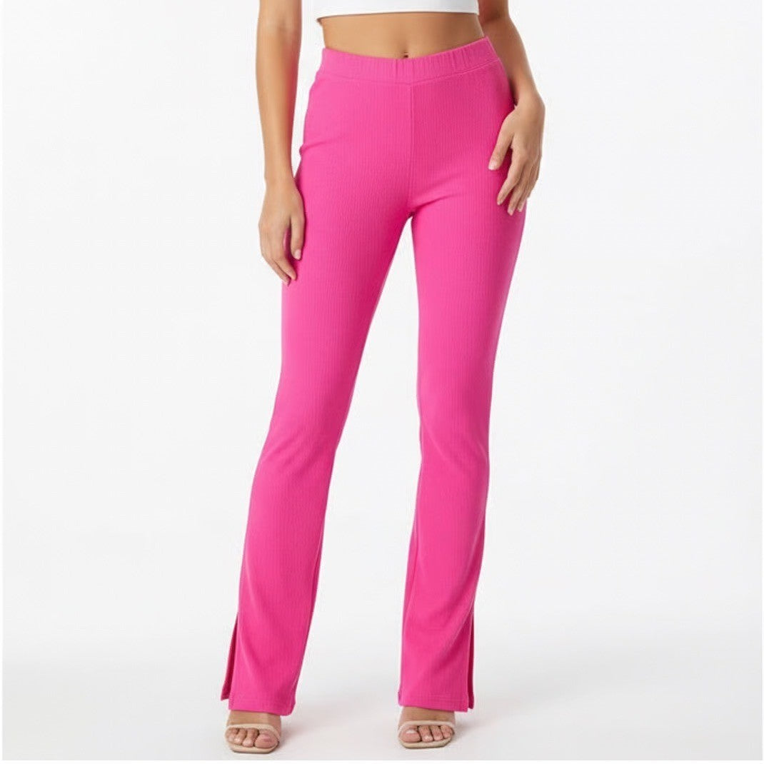 Naked Wardrobe Hot Pink Ribbed High Waisted Side Slit Leggings
