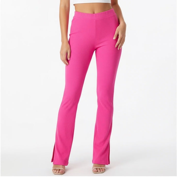 Naked Wardrobe Hot Pink Ribbed High Waisted Side Slit Leggings