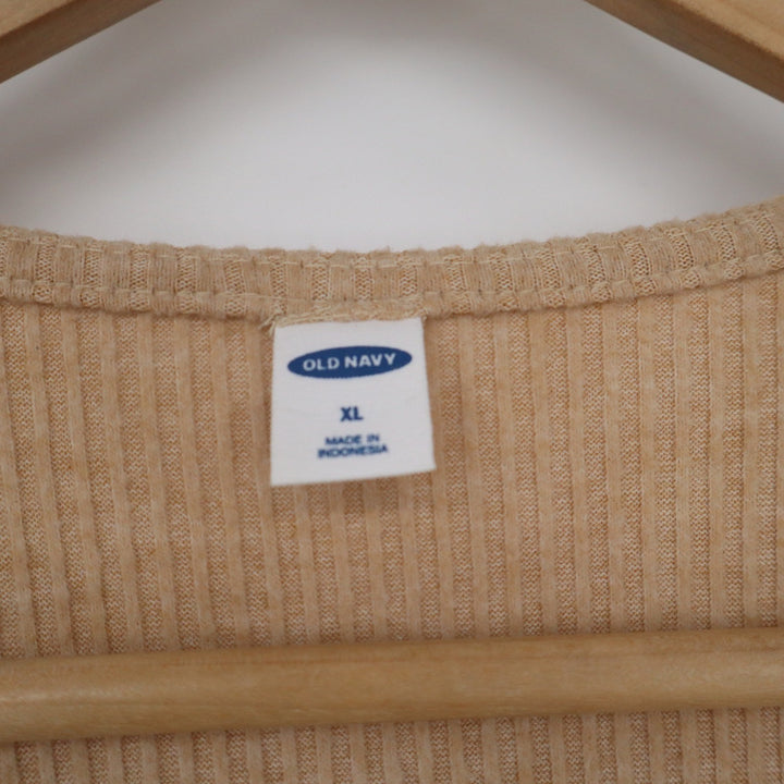 Old Navy Womens XL Tan Ribbed Long Sleeve Side Tie Wrap Top Balletcore V-Neck