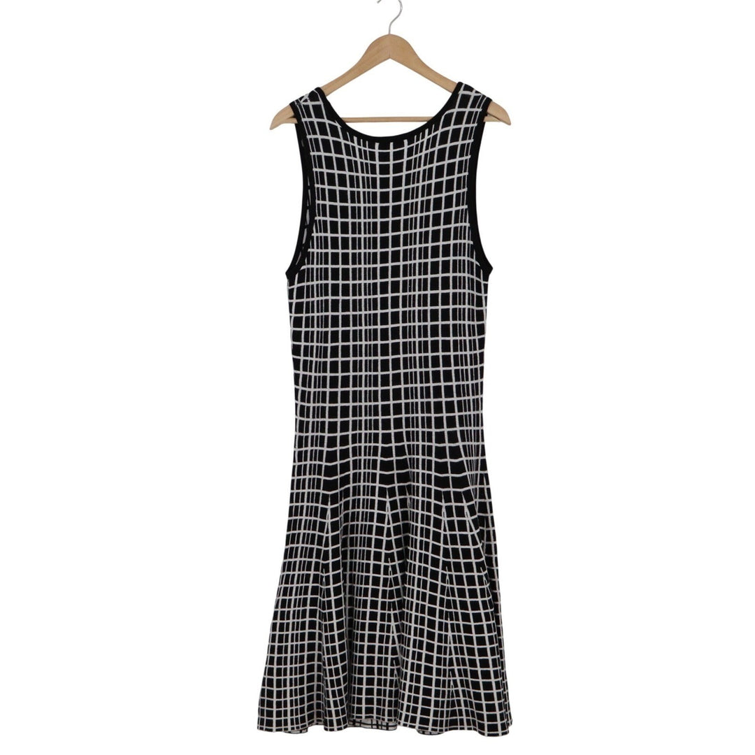 The Limited Black White Windowpane Grid Fit & Flare Knit Midi Dress Womens L