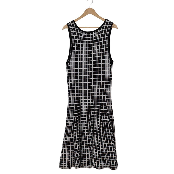 The Limited Black White Windowpane Grid Fit & Flare Knit Midi Dress Womens L