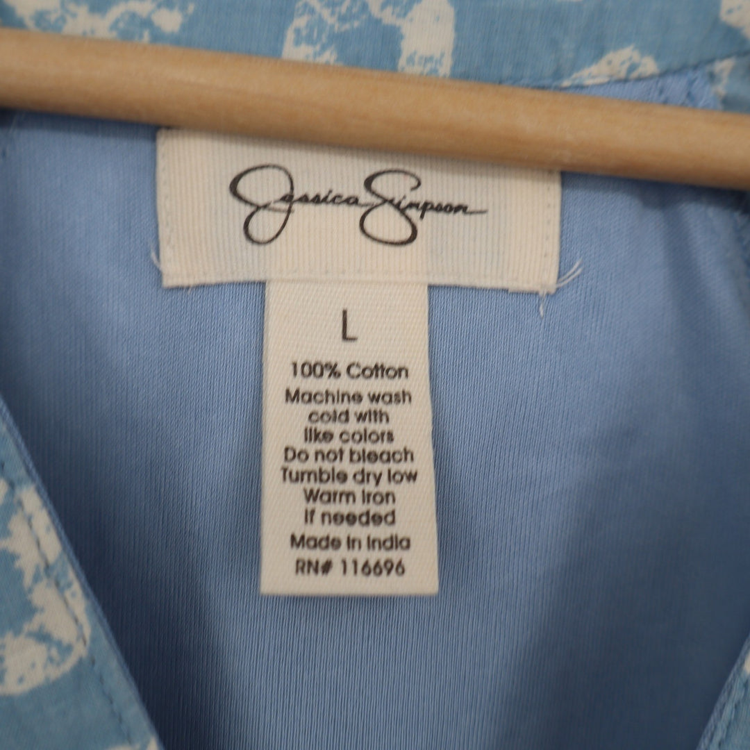 Jessica Simpson Blue Mixed Print Tiered Mini Dress Long Sleeve Cotton Large