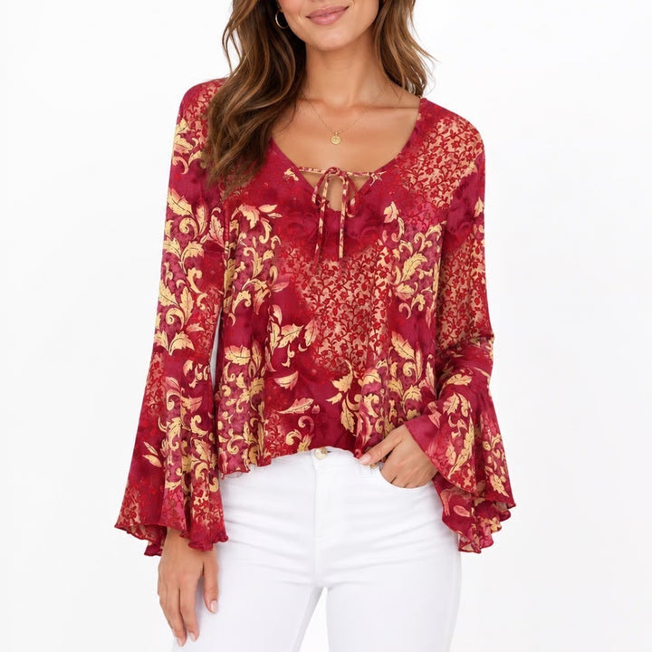 Xhilaration Red Gold Baroque Bell Sleeve V-Neck Tie Top XL Y2K Boho Blouse