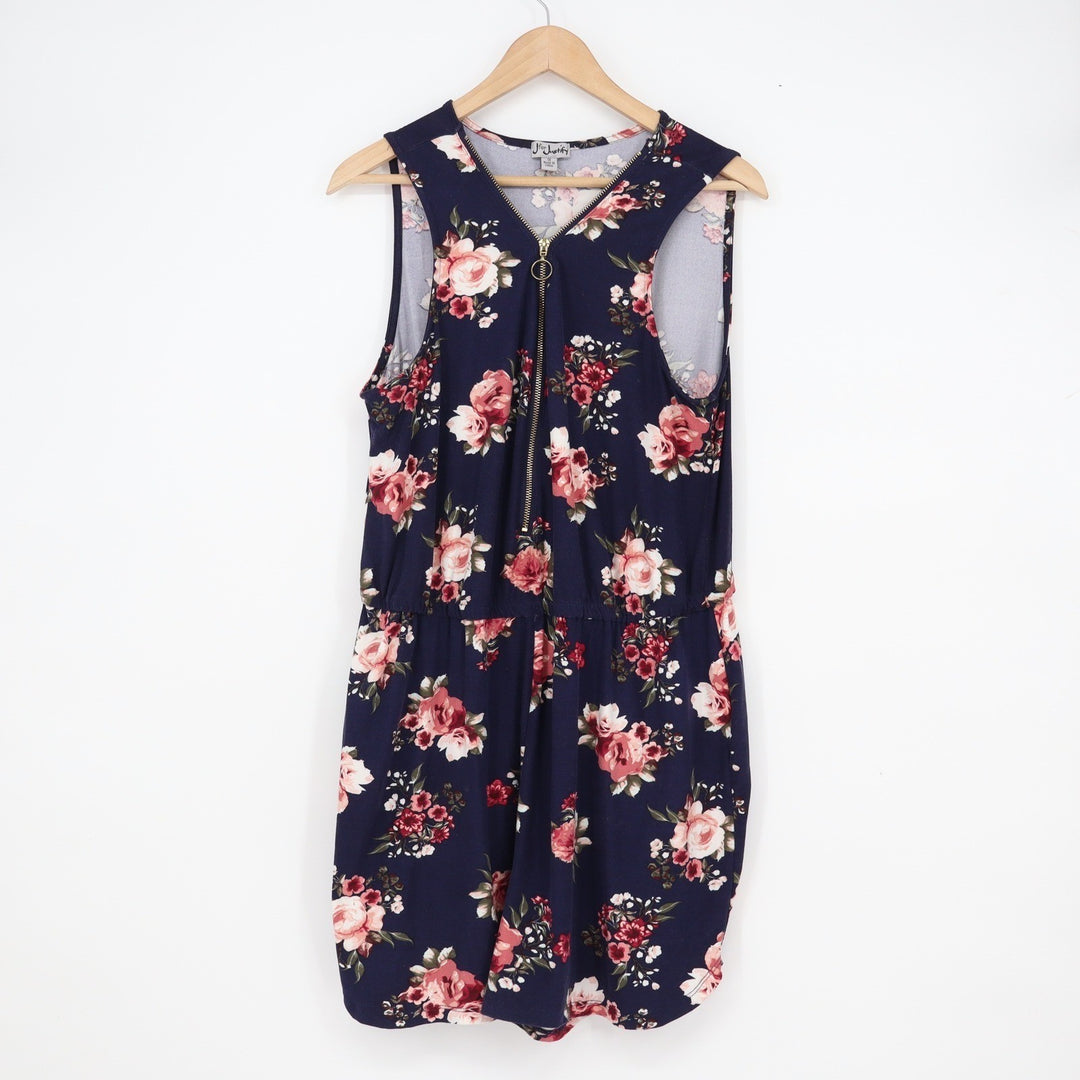 J for Justify Womens Plus 1X Floral Romper Navy Blue Pink Rose Zip Front