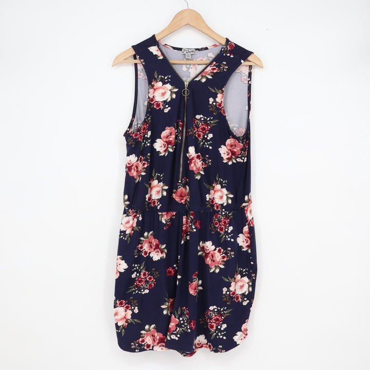 J for Justify Womens Plus 1X Floral Romper Navy Blue Pink Rose Zip Front