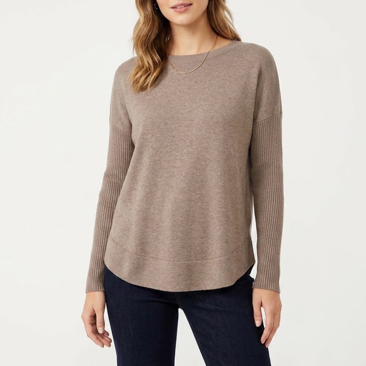 Ann Taylor Loft Womens Large Taupe Brown Ribbed Sleeve Relaxed Knit Sweater L