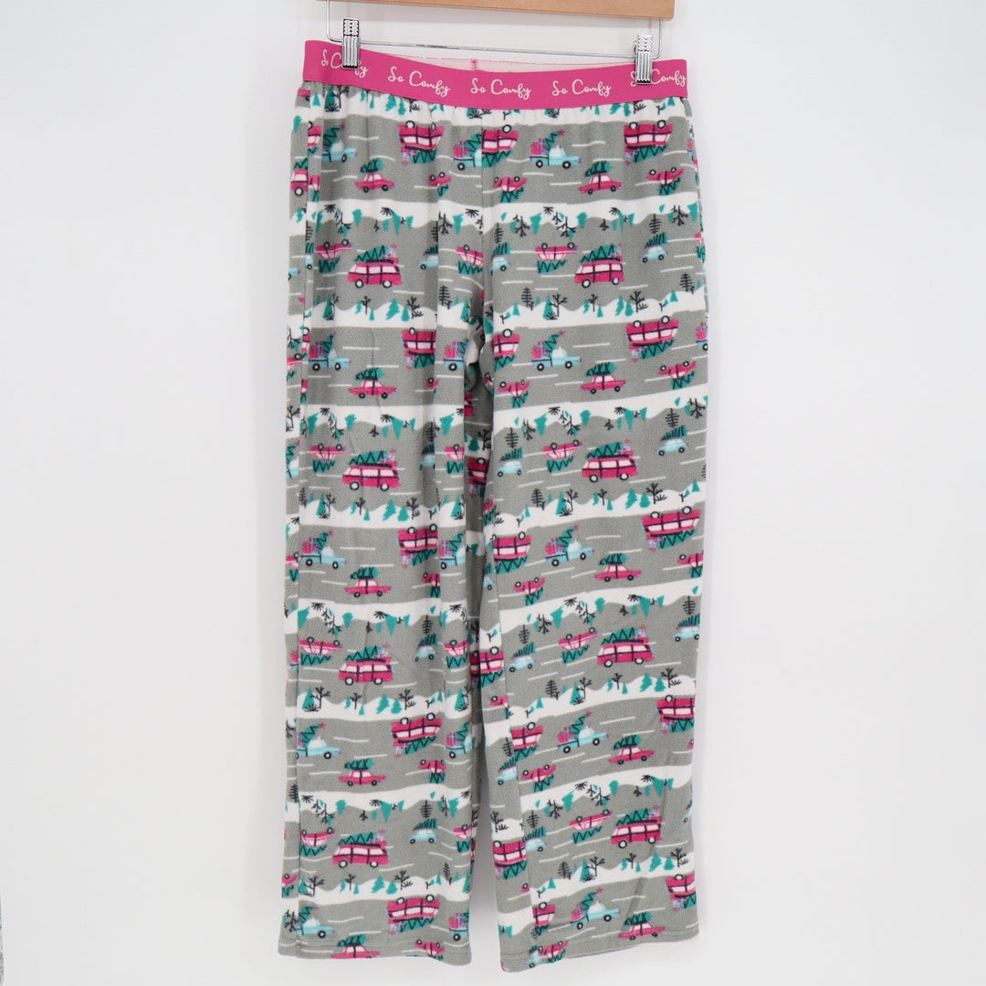 So Comfy Christmas Pajama Pants Small Gray Pink Car Tree Fleece Lounge Bottoms