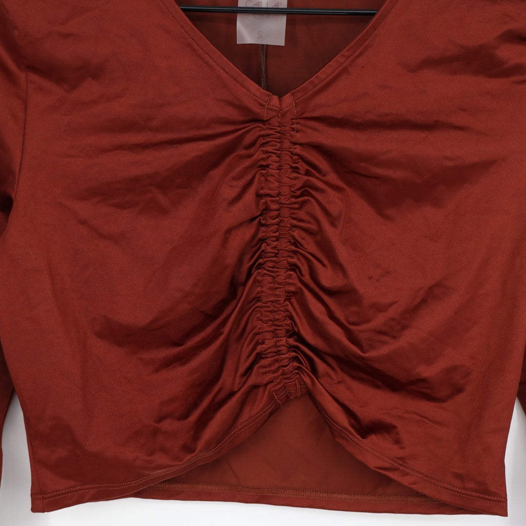 Calia Womens Ruched Rashguard Red Brown Shine Long Sleeve Crop Swim Top S