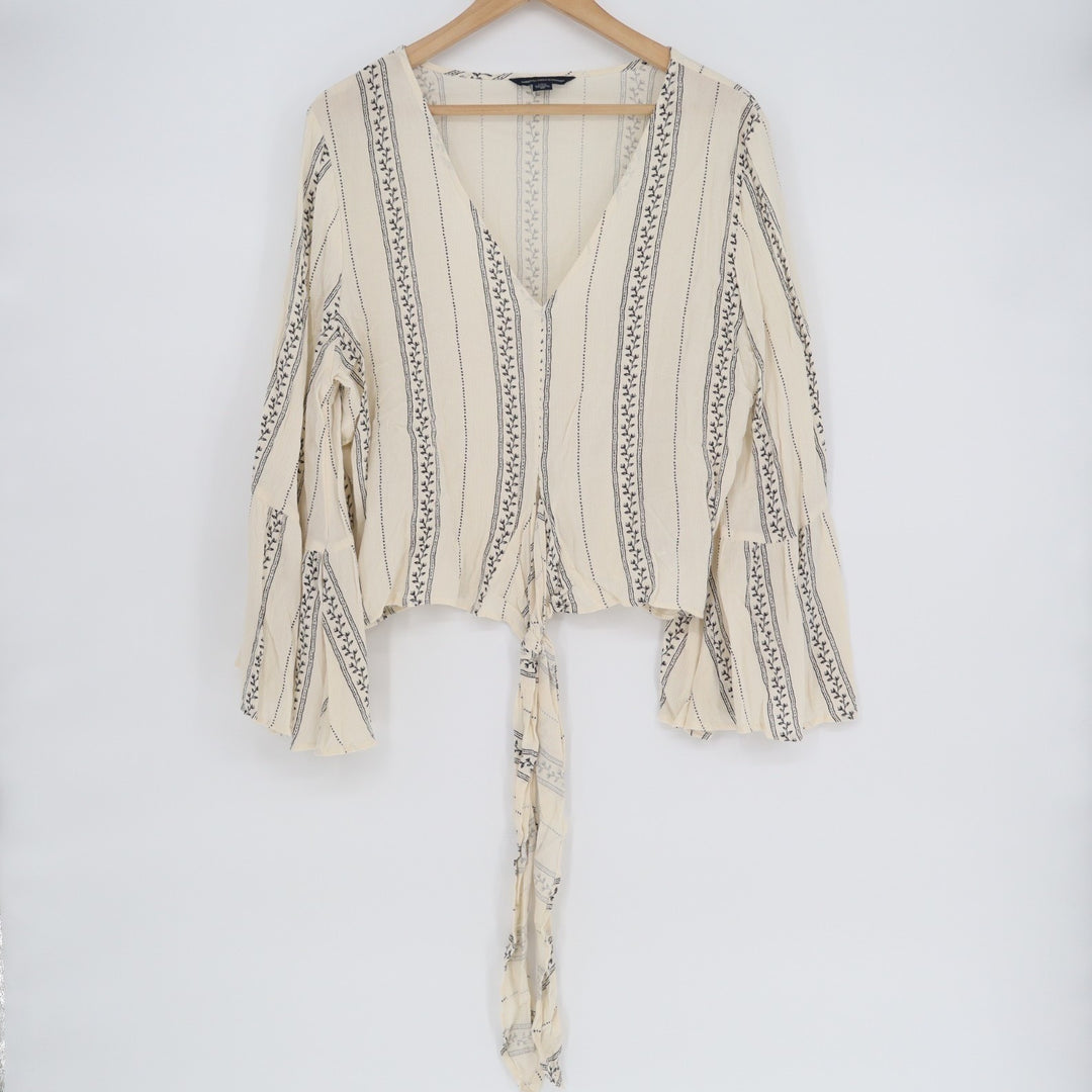 American Eagle Outfitters Boho Top Womens L Beige Striped Bell Sleeve Tie-Front
