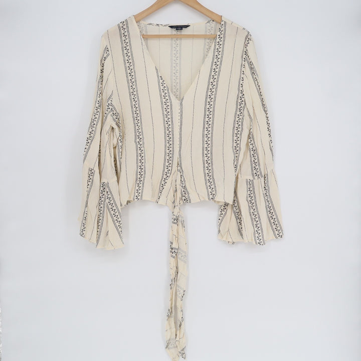 American Eagle Outfitters Boho Top Womens L Beige Striped Bell Sleeve Tie-Front