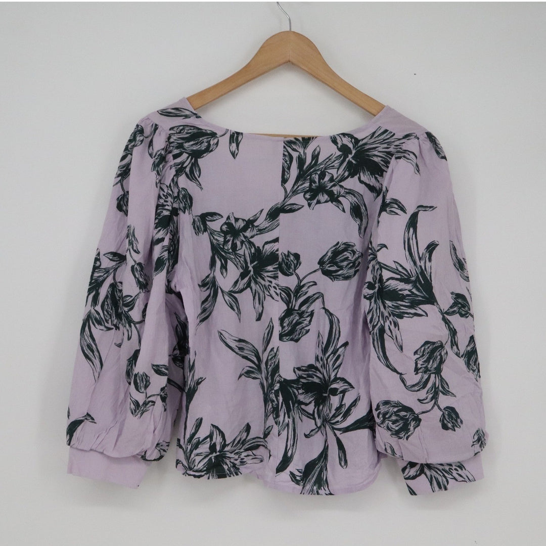 A New Day Lavender Black Floral Puff Sleeve V-Neck Blouse Top Size M