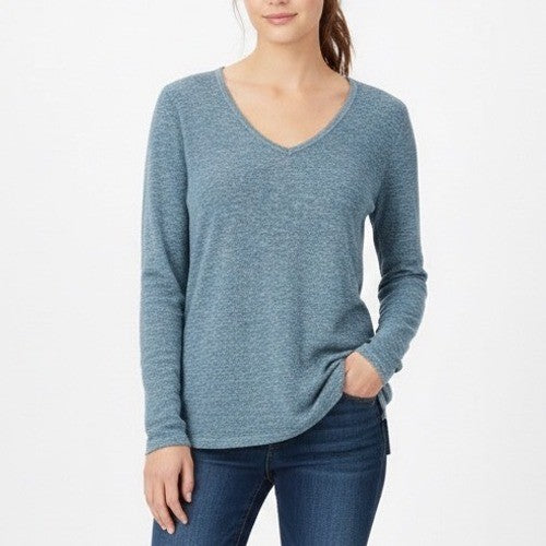 Gap Shirt Women Small Heather Blue Rayon Stretch Softspun Knit Slit Tunic V-Neck