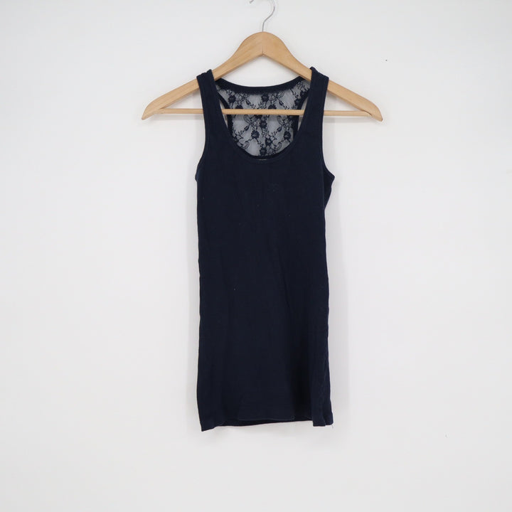 WHO.A.U Navy Blue Lace Racerback Tank Top Ribbed Cotton Blend Small